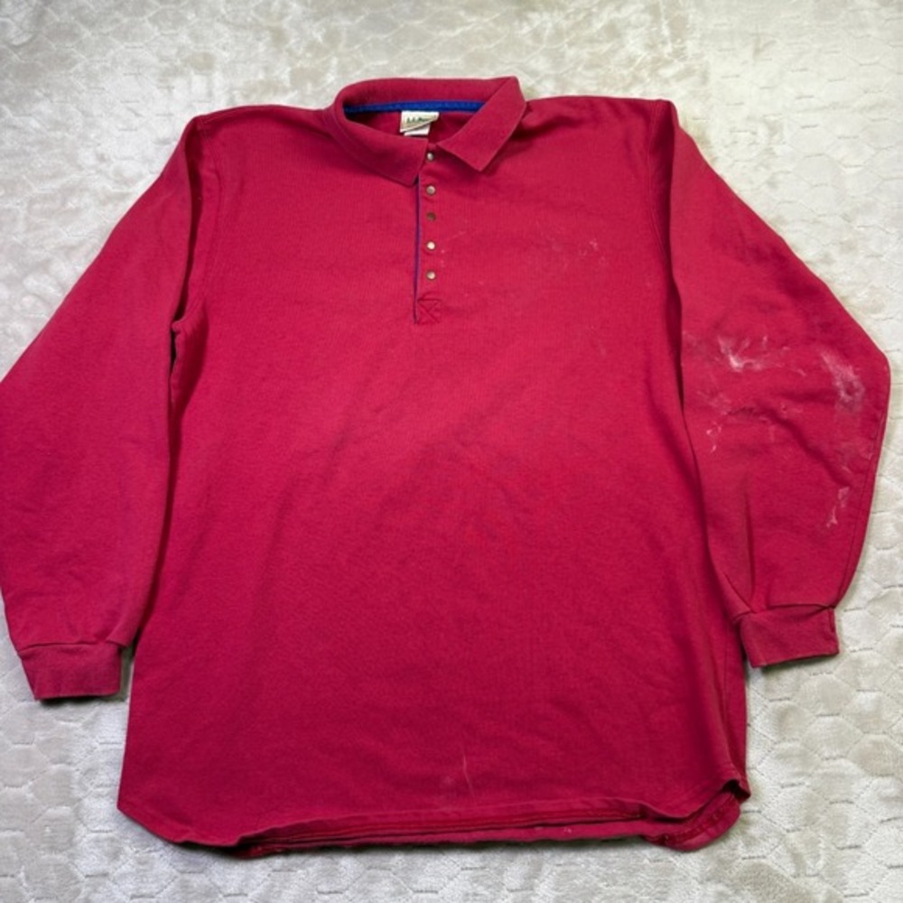VTG LL Bean Rainier Guide Rugby Long Sleeve Shirt Sz Large Tall Red Paint/Bleach